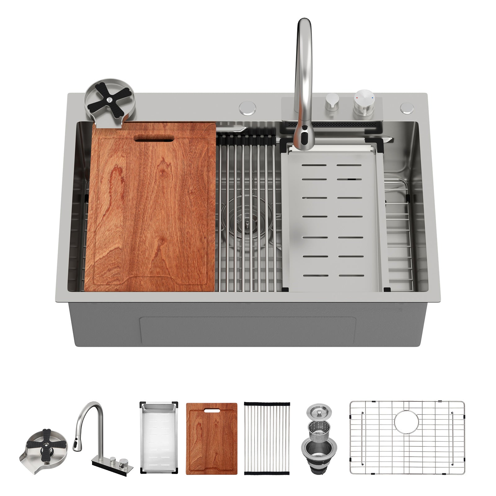 Sarlai 33'' x 22'' Stainless Steel Drop In Single Bowl Waterfall Workstation Kitchen Sink