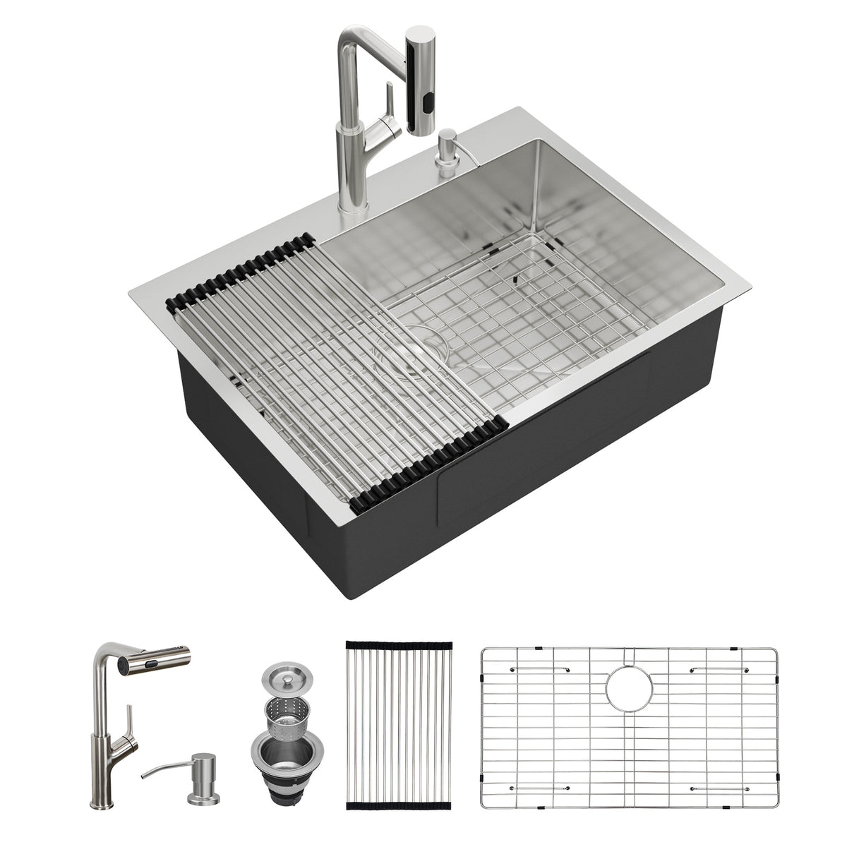 Sarlai 33'' x 22'' Drop In Workstation Kitchen Sink Single Bowl 16 Gauge SUS304 Stainless Steel Topmount Sink with Pull Out Faucet