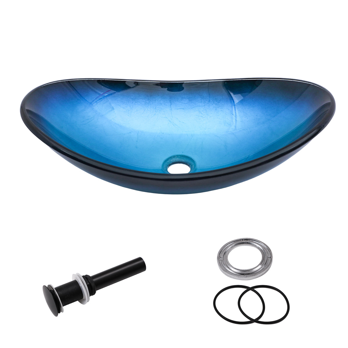 Sarlai 21''x13'' Curved Blue Tempered Glass Bathroom Vessel Sink with Black Pop Up Drain