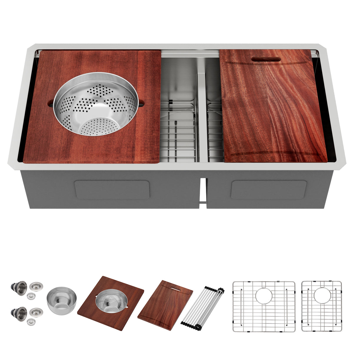 Sarlai 36in Undermount Workstation Sink - 16 Gauge 60/40 Double Bowl with Salad Prep Bowls Main image