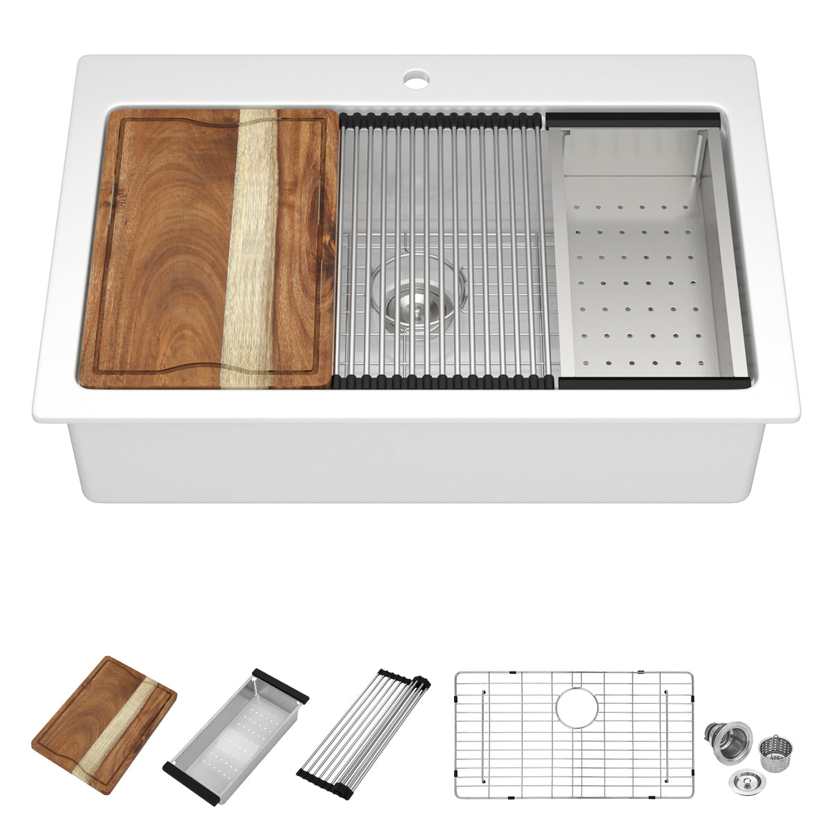 Sarlai 33'' White Ceramic Topmount Workstation Sink Brushed Accessories & Acacia Wood Cutting Board