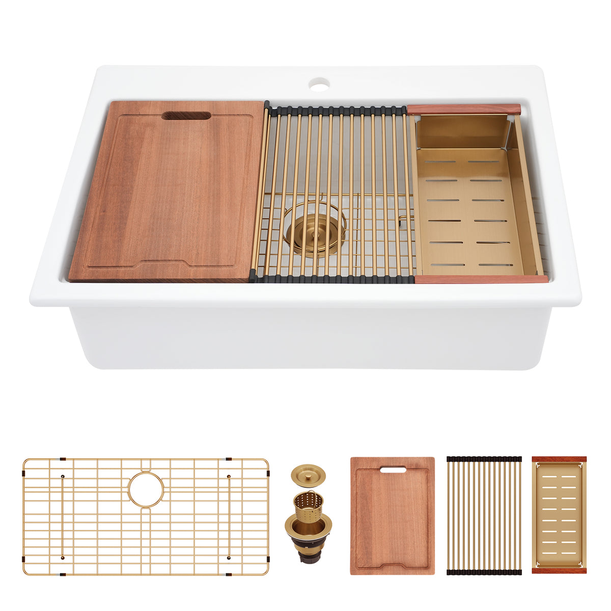 Sarlai 33''x22'' White Ceramic Topmount Workstation Sink With Gold Accessories & Wood Cutting Board
