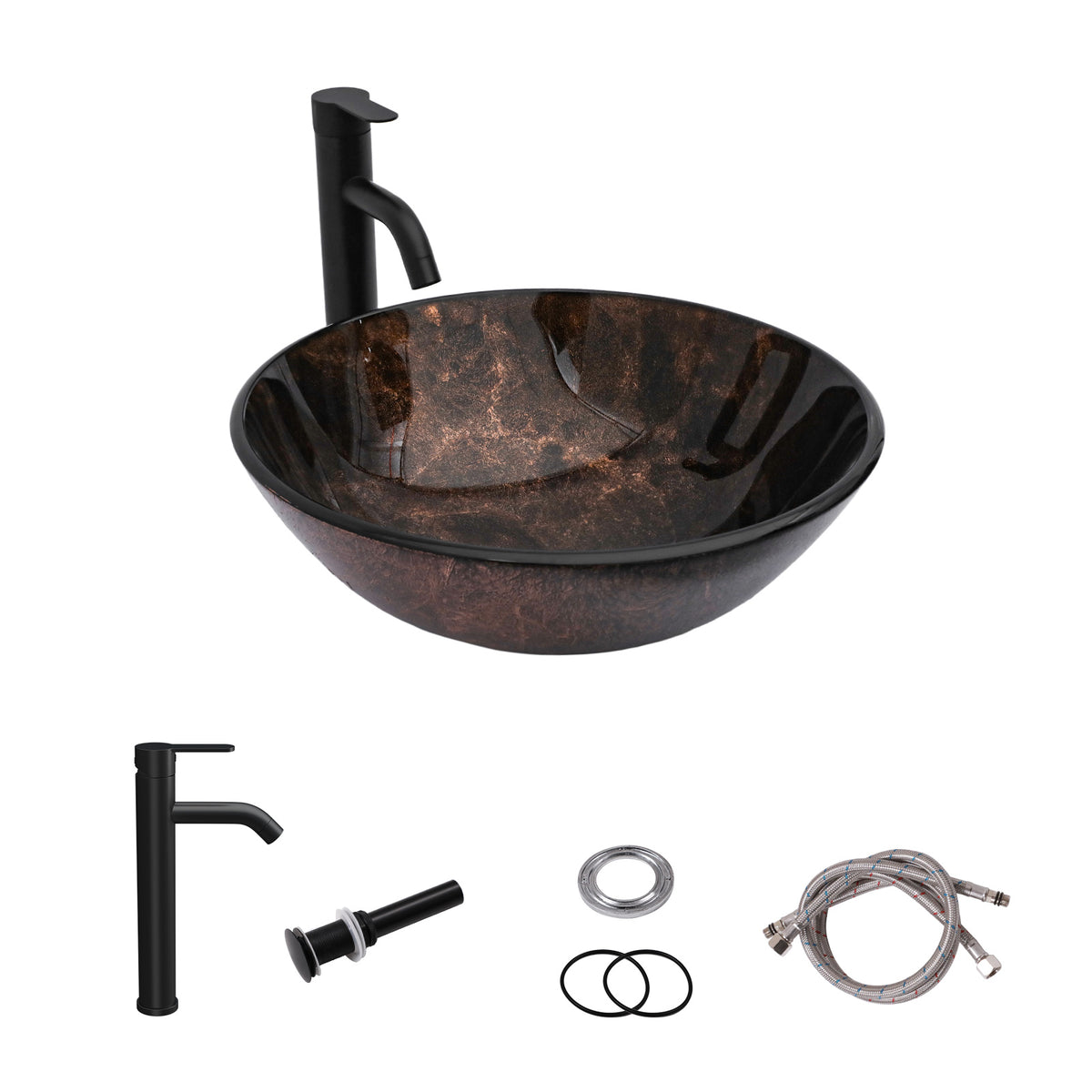Sarlai 16.5''x16.5'' Round Brown Tempered Glass Vessel Sink Combo Black Faucet & Pop Up Drain