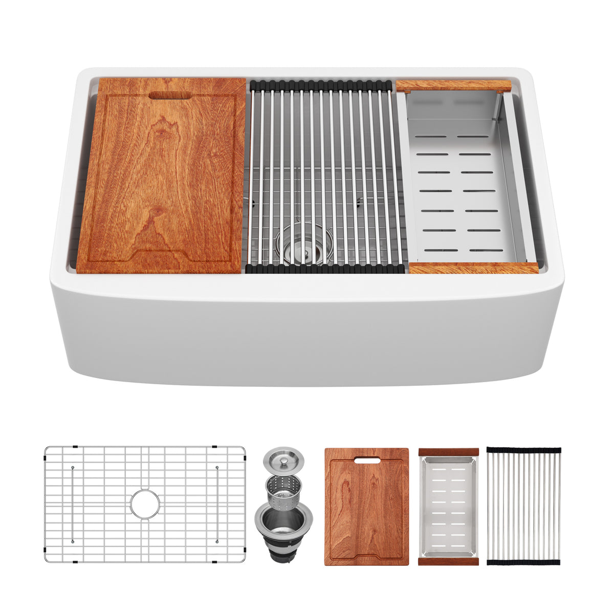 Sarlai 33''x21'' White Ceramic Apron-Front Workstation Kitchen Sink with Step Ledge & Accessories Main image