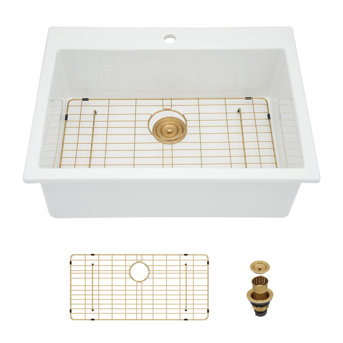 Sarlai 33''x22''White Ceramic Topmount Single Bowl Kitchen Sink with Gold Accessories