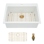 Sarlai 30''x22''White Ceramic Topmount Single Bowl Kitchen Sink With Gold Drain & Bottom Grid