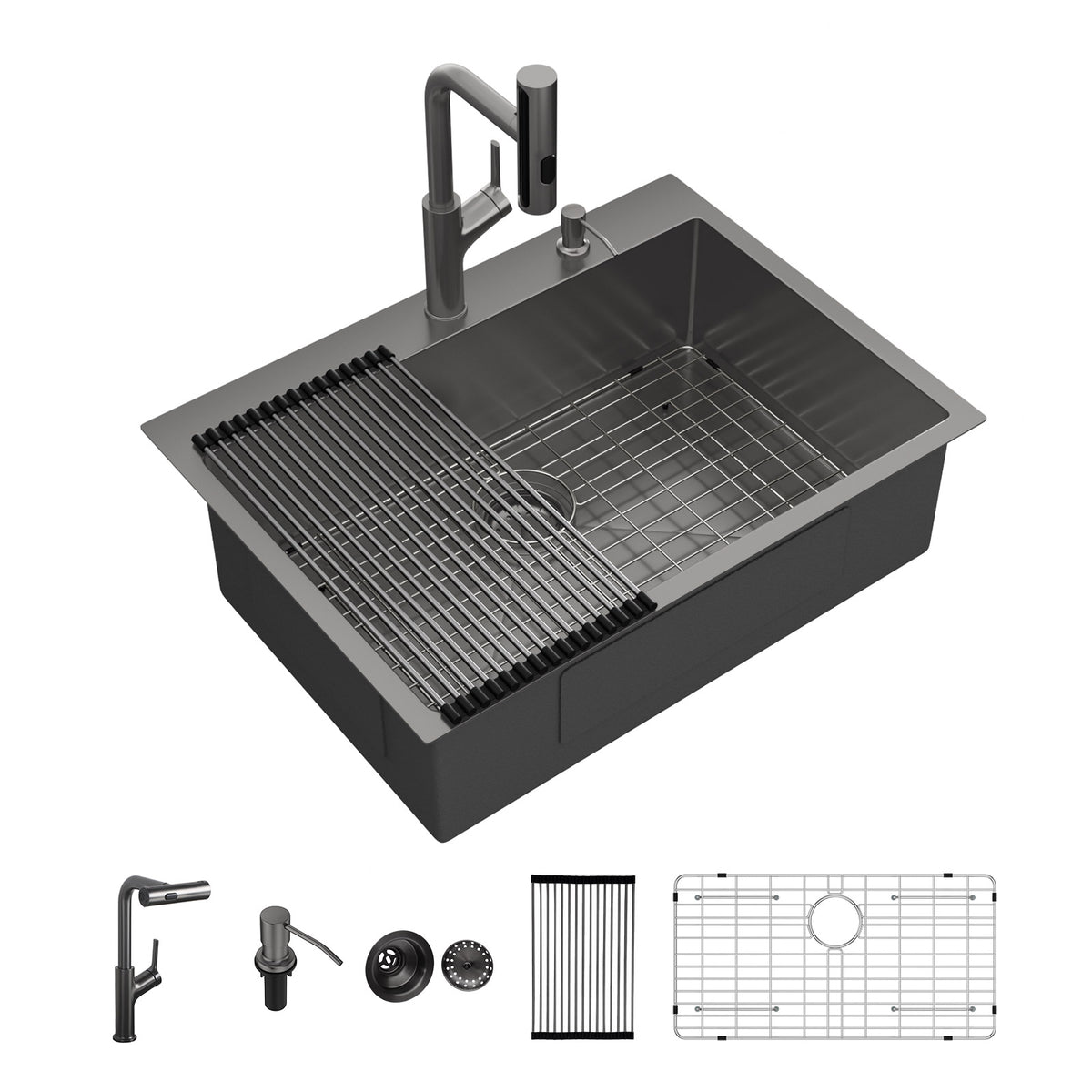 Sarlai 30''x22''Drop In Workstation Kitchen Sink 16 Gauge SUS304 Stainless Steel Single Bowl Topmount Sink with Pull Out Faucet & Soap Dispenser