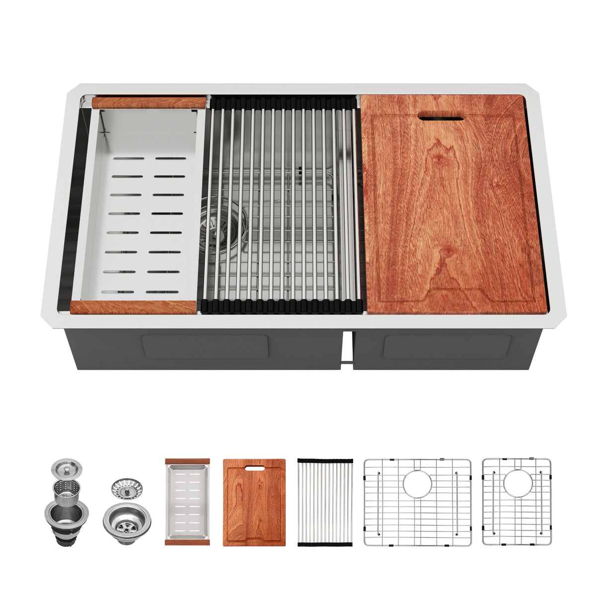 Sarlai 32''x19'' 60/40 Low Divide Double Bowl Stainless Steel Kitchen Sink, Undermount Ledge Workstation Under Counter Basin