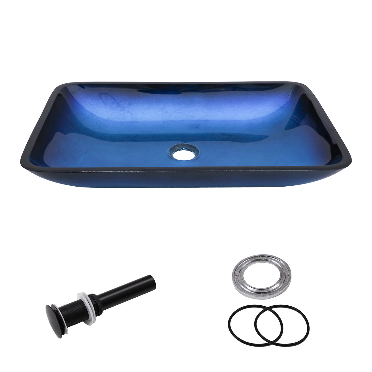 Sarlai 22''x14'' Rectangular Blue Tempered Glass Bathroom Vessel Sink with Black Pop Up Drain