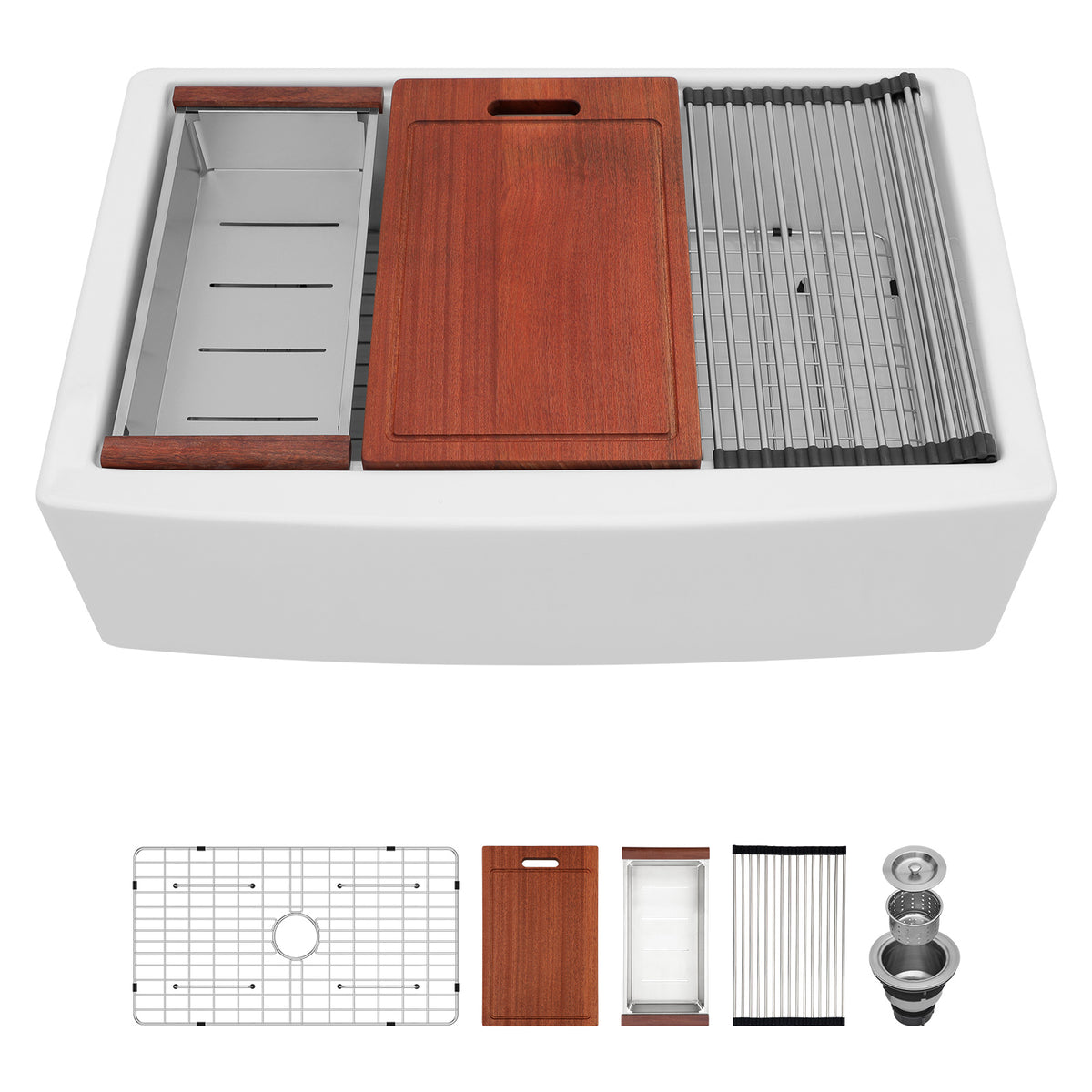 Sarlai 33''x20'' Inch White Curved Apron Fireclay Workstation Farmhouse Kitchen Sink Single Bowl