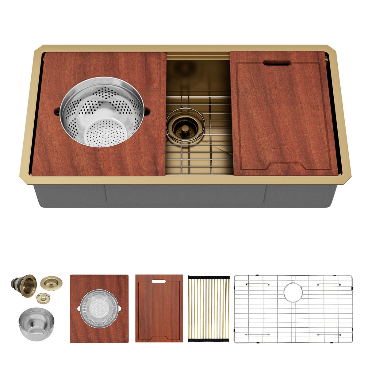 Sarlai 36''x19'' Gold Undermount Workstation Kitchen Sink Single Bowl Step Kitchen Sink