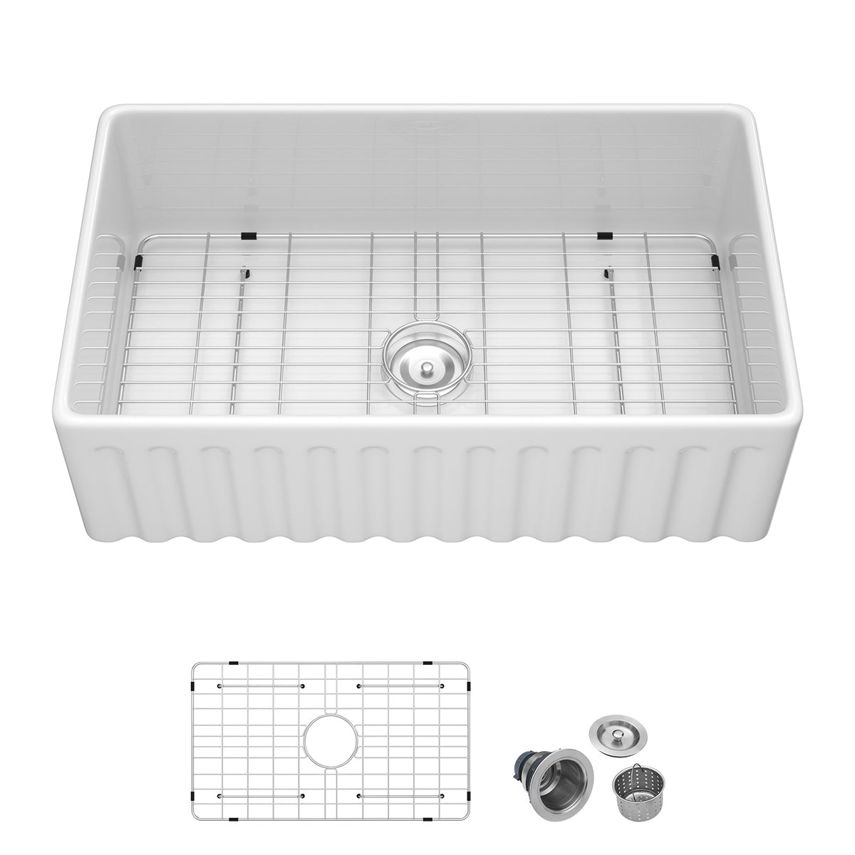 Sarlai 36''x20'' Reversible Apron Front White Fireclay Farmhouse Sink, Single Bowl Vitreous Porcelain Farm Kitchen Basin