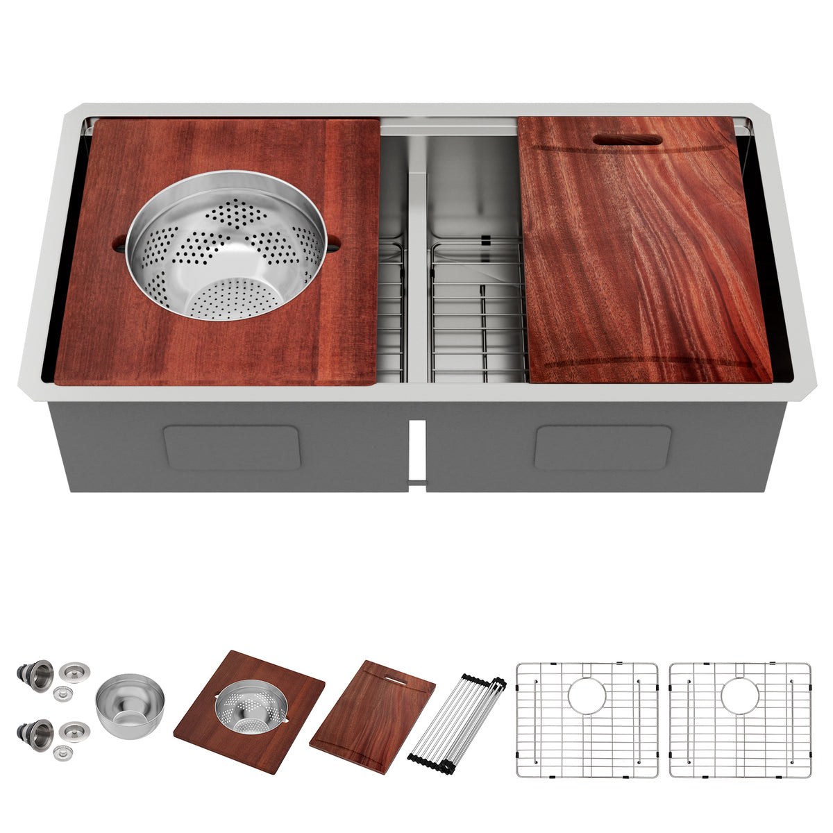Sarlai 36" Undermount Workstation Kitchen Sink - 16 Gauge Stainless Steel 50/50 Double Bowl with Low Divider
