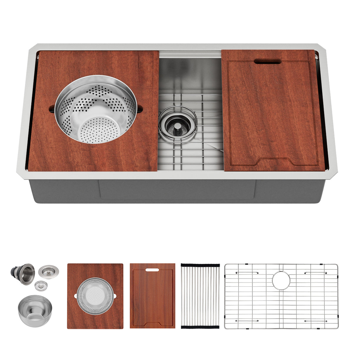 Sarlai 36''x 19''Stainless Steel Undermount Single Bowl Workstation Step Kitchen Sink