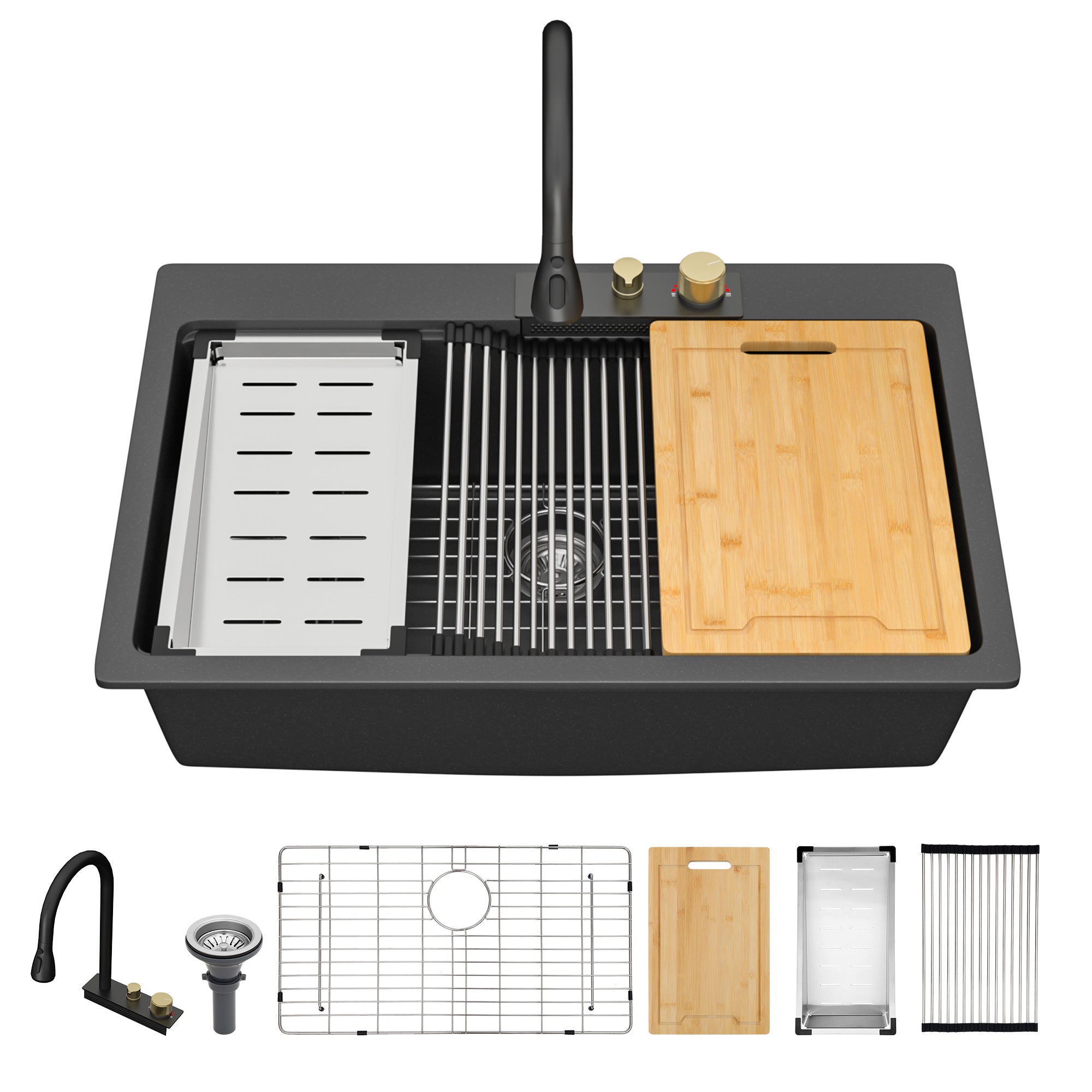Sarlai 33'' x 22'' Black Quartz Drop-in Waterfall Single Bowl Workstation Kitchen Sink Secondary image