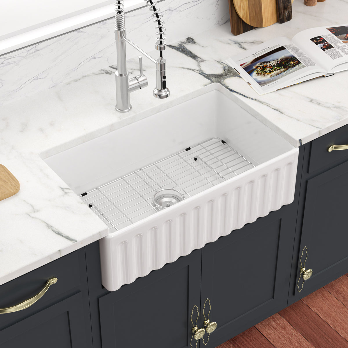 Sarlai 36''x20'' Reversible Apron Front White Fireclay Farmhouse Sink, Single Bowl Vitreous Porcelain Farm Kitchen Basin