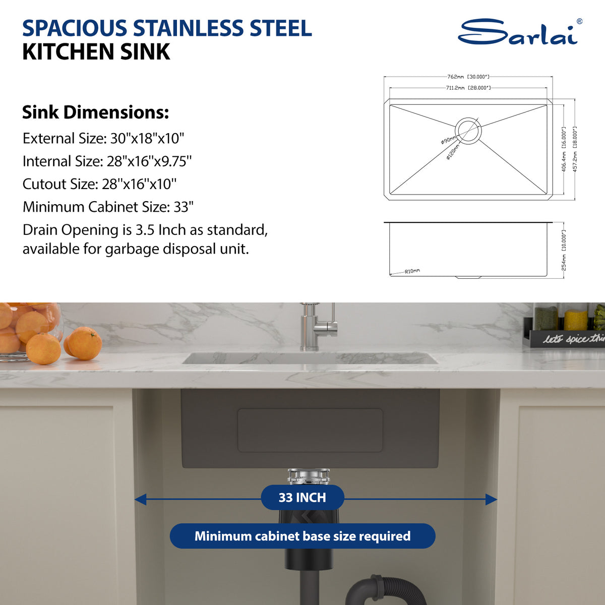 Sarlai 30''x 18''Stainless Steel Undermount Single Bowl Kitchen Sink