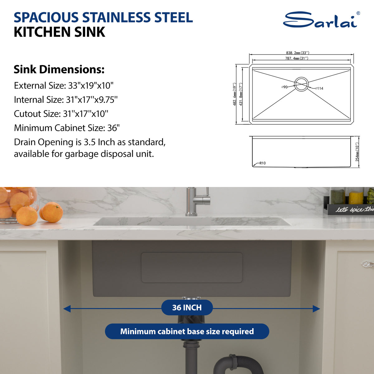 Sarlai 33 Inch Undermount Workstation Kitchen Sink 16 Gauge T304 Stainless Steel Single Bowl Sink