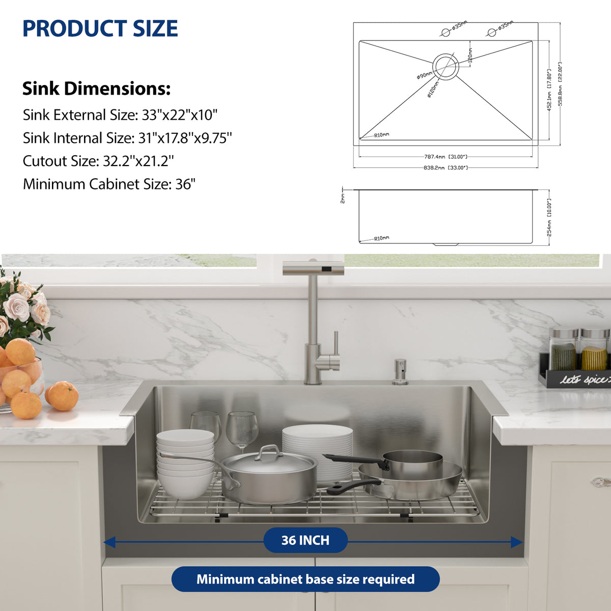 Sarlai 33'' Drop In Workstation Kitchen Sink 16 Gauge SUS304 Stainless Steel Single Bowl Topmount Kitchen Sink