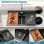 Sarlai 33" Drop-In Black Quartz Composite Workstation Kitchen Sink - 50/50 Double Bowl Low Divide Drop-In Topmount Granite Kitchen Sink with Cutting Board