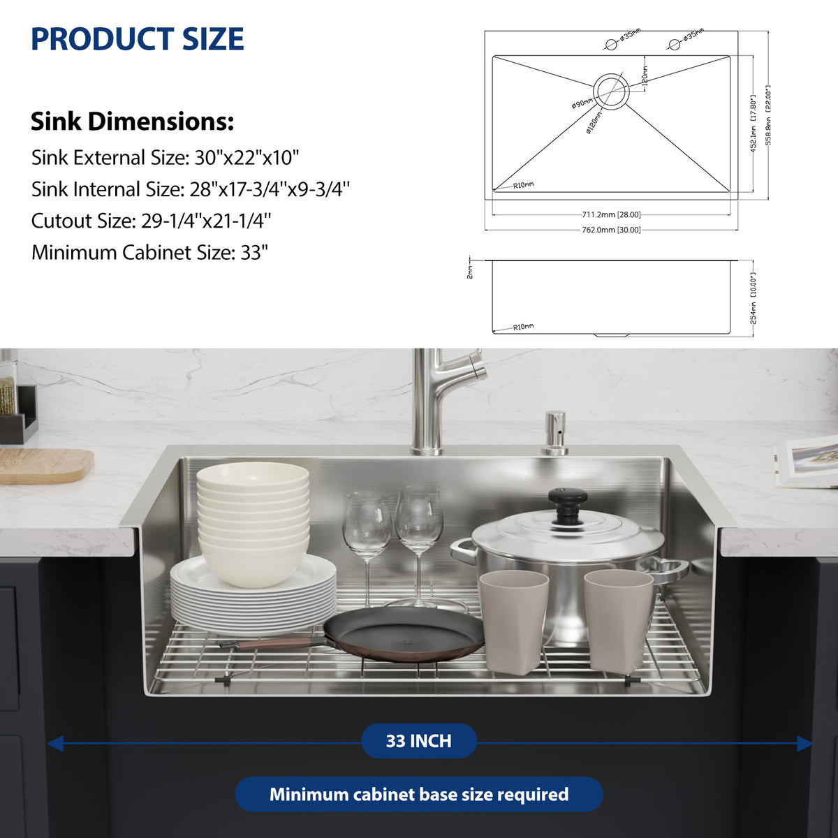 Sarlai 33'' x 22'' Drop In Workstation Kitchen Sink Single Bowl 16 Gauge SUS304 Stainless Steel Topmount Sink with Pull Out Faucet