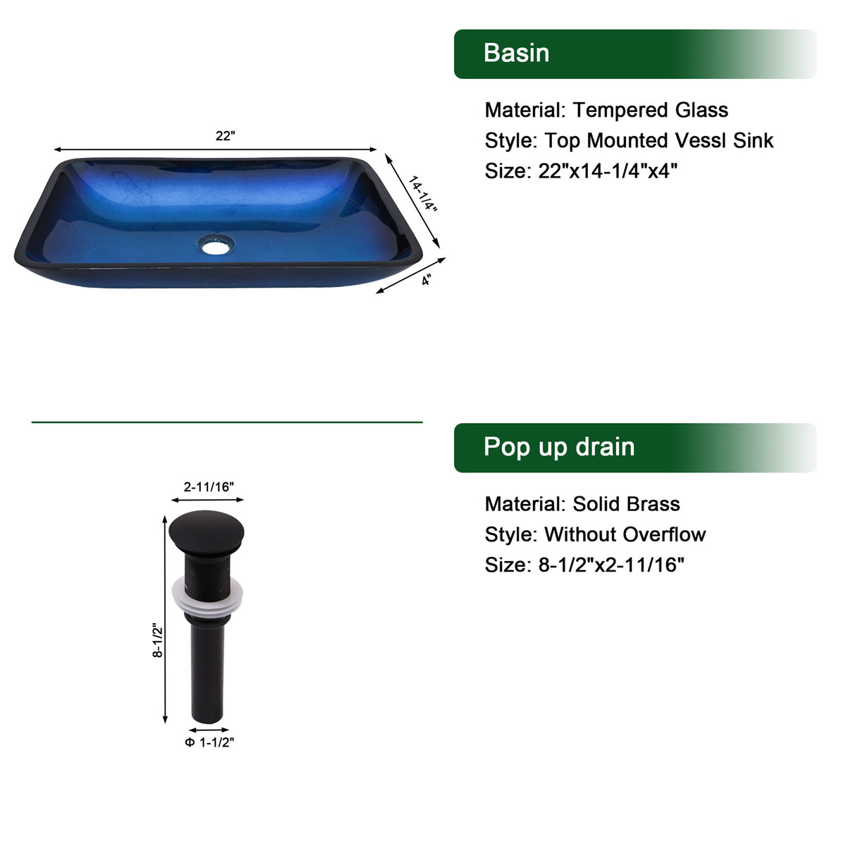 Sarlai 22''x14'' Rectangular Blue Tempered Glass Bathroom Vessel Sink with Black Pop Up Drain