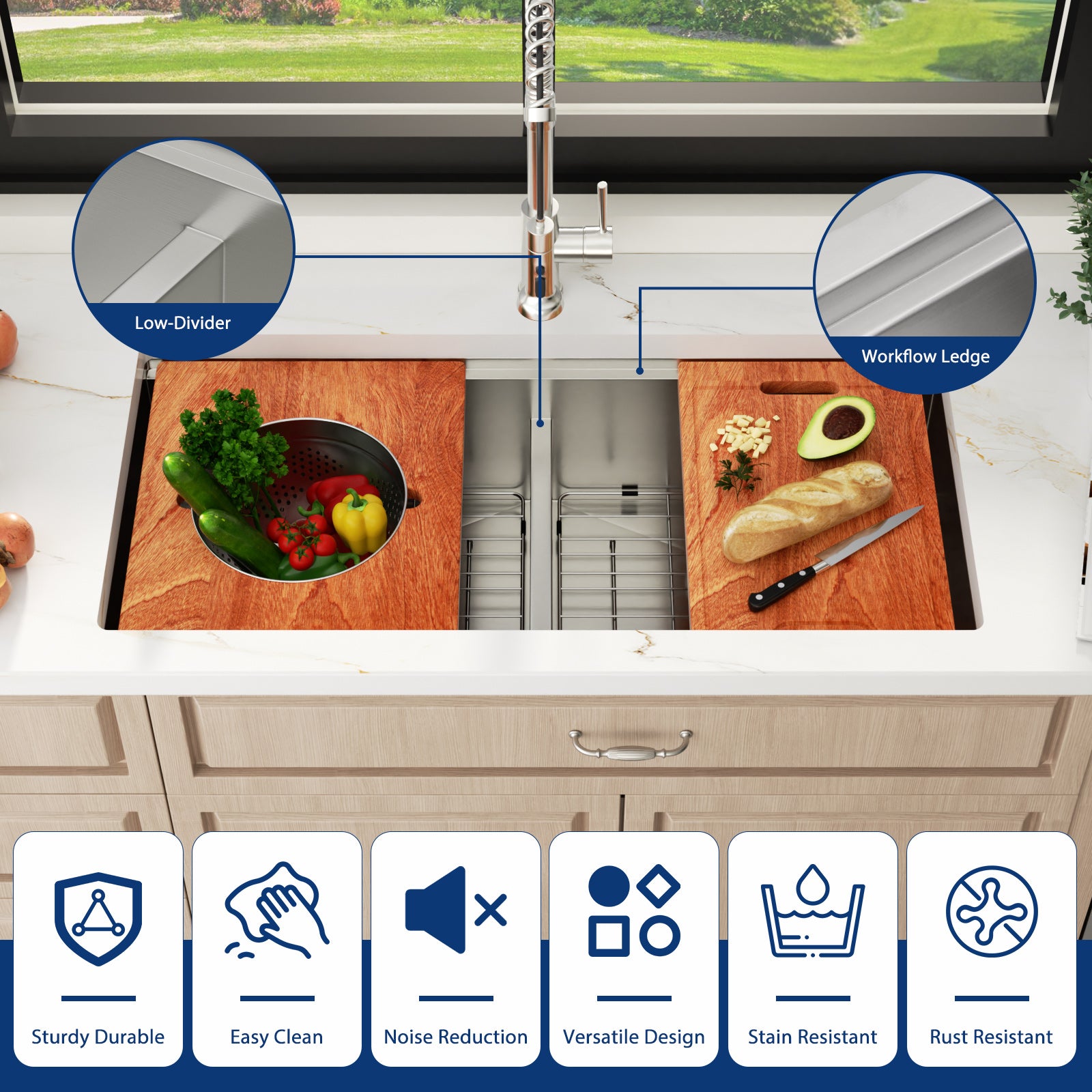 Sarlai 39'' Undermount Workstation Sink - 16 Gauge 50/50 Double Bowl with Salad Prep Bowls