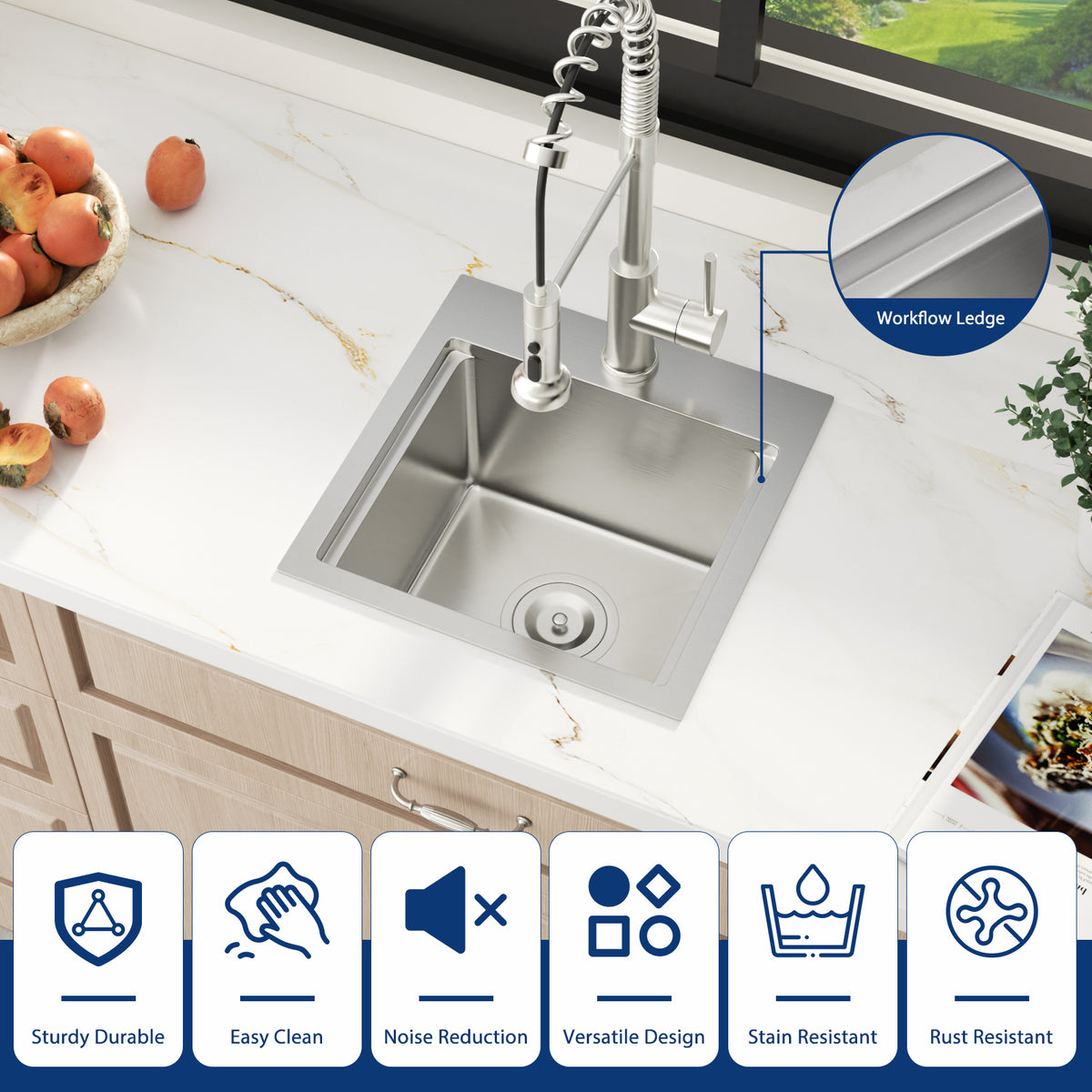 Sarlai 15''x15'' Drop In Workstation Bar Sink 16 Gauge SUS304 Stainless Steel Single Bowl Topmount Prep Sink with Accessories