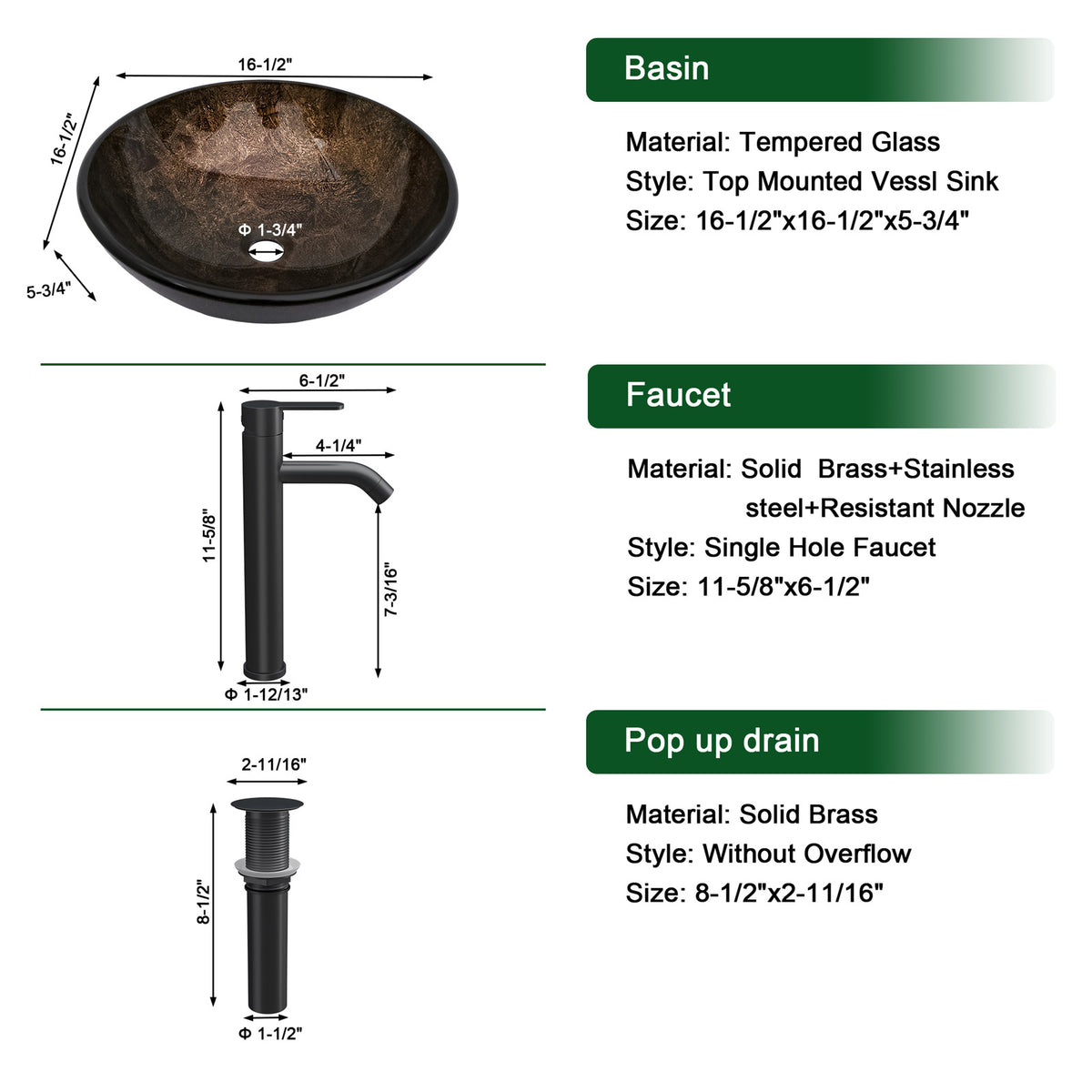 Sarlai 16.5''x16.5'' Round Brown Tempered Glass Vessel Sink Combo Black Faucet & Pop Up Drain