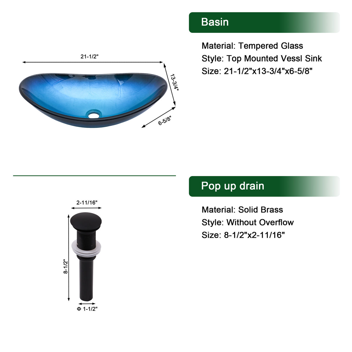 Sarlai 21''x13'' Curved Blue Tempered Glass Bathroom Vessel Sink with Black Pop Up Drain