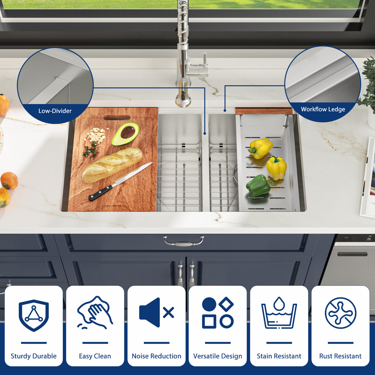Sarlai 33'' Undermount Kitchen Sink - 60/40 Double Bowl Workstation with Low Divide