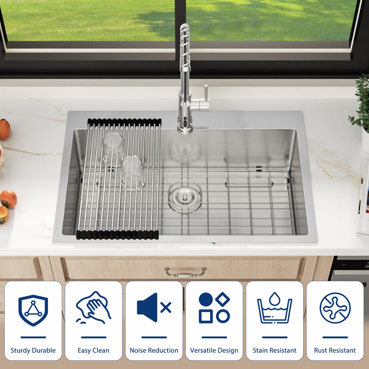 Sarlai 33''x22'' Drop In Kitchen Sink Single Bowl 16 Gauge SUS304 Stainless Steel Topmount Kitchen Sink