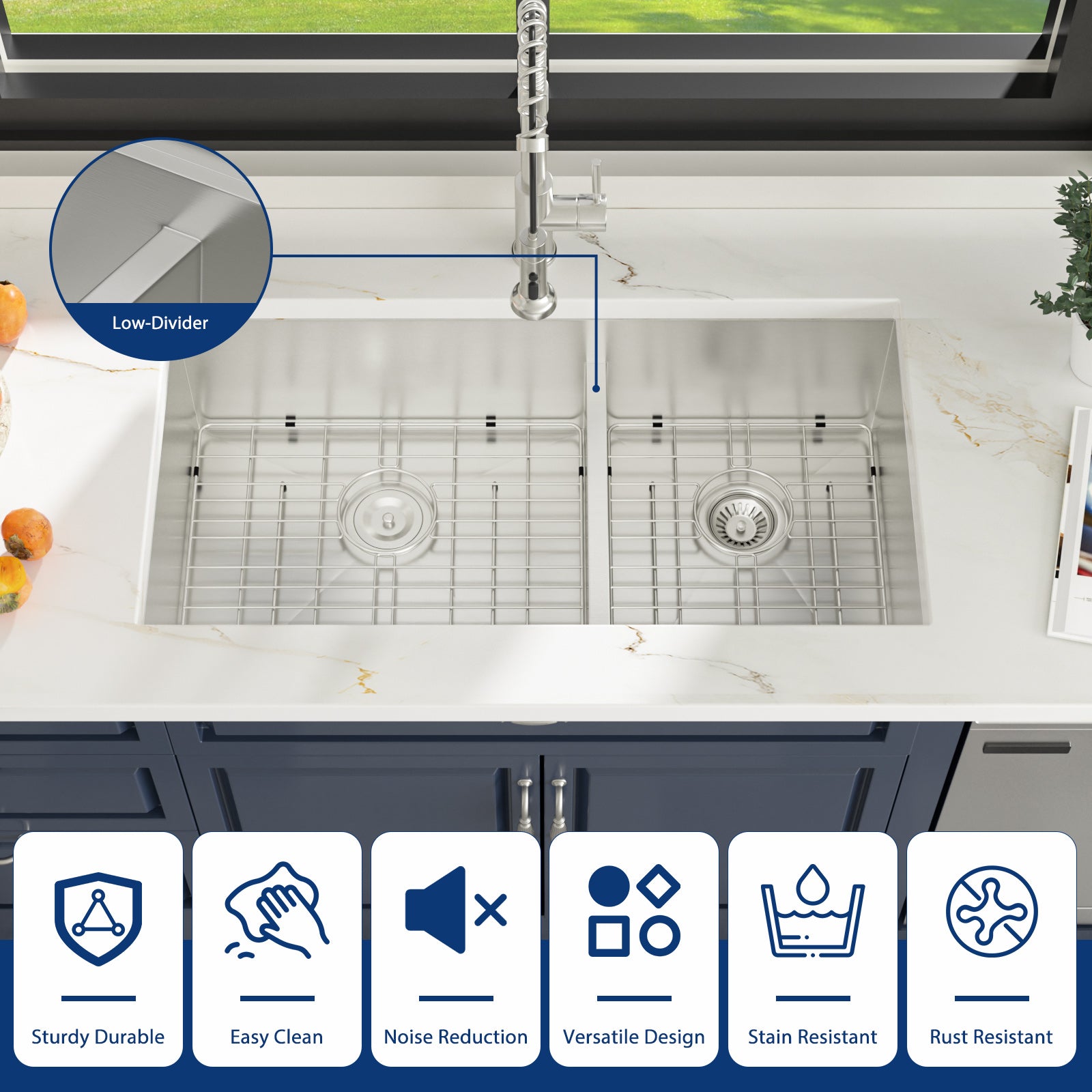 Sarlai 33in Undermount Kitchen Sink - 16 Gauge Stainless Steel 60/40 Double Bowl with Low Divider