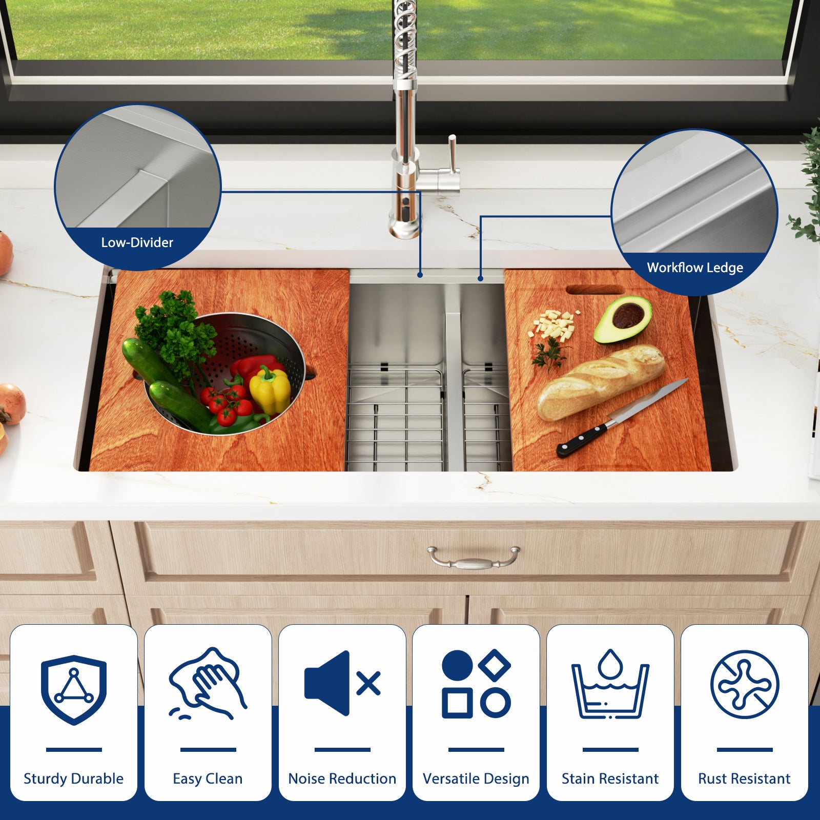 Sarlai 39'' Low Divider Undermount Kitchen Sink - 16G Stainless Steel 60/40 Double Basin Workstation with Salad Prep Bowls Secondary image