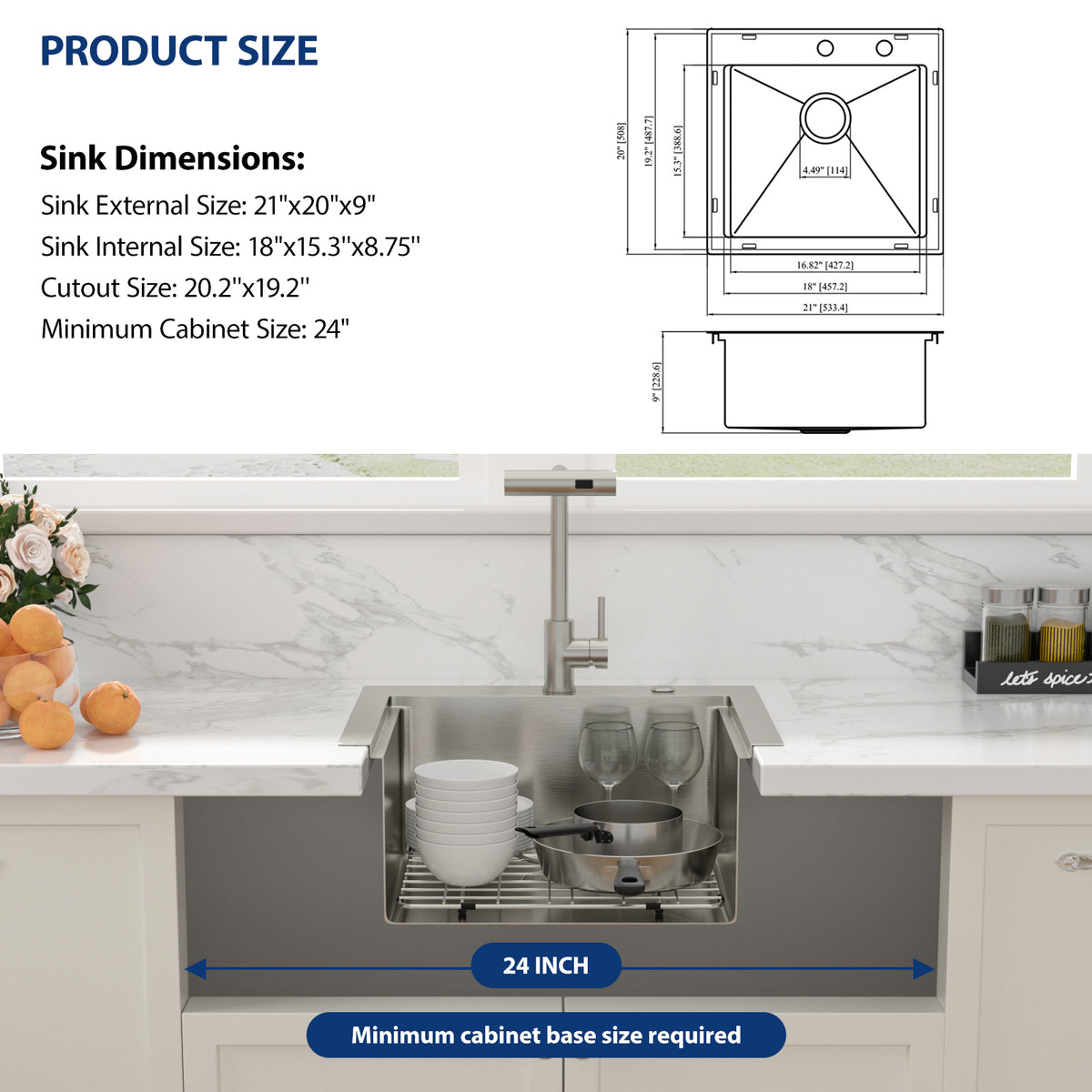 Sarlai 21''Drop In Workstation Bar Sink 16 Gauge SUS304 Stainless Steel Topmount Prep Sink with Pull Out Faucet & Full Accessories