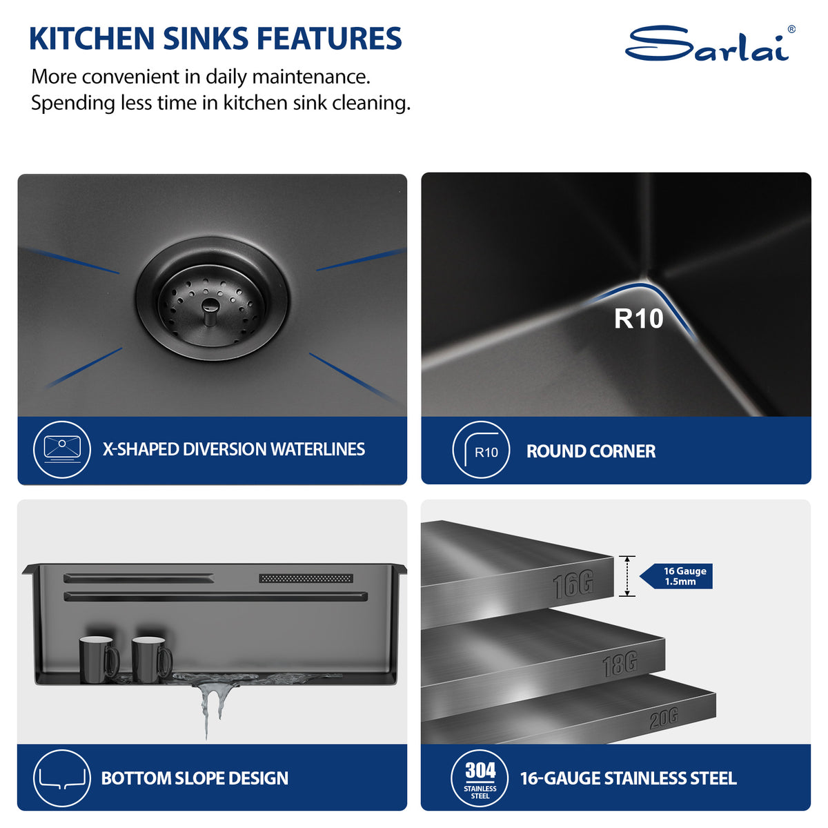 Sarlai 33‘’ Gunmetal Black Waterfall Workstation Sink - 16 Gauge Undermount Single Bowl with Pull-Down Faucet