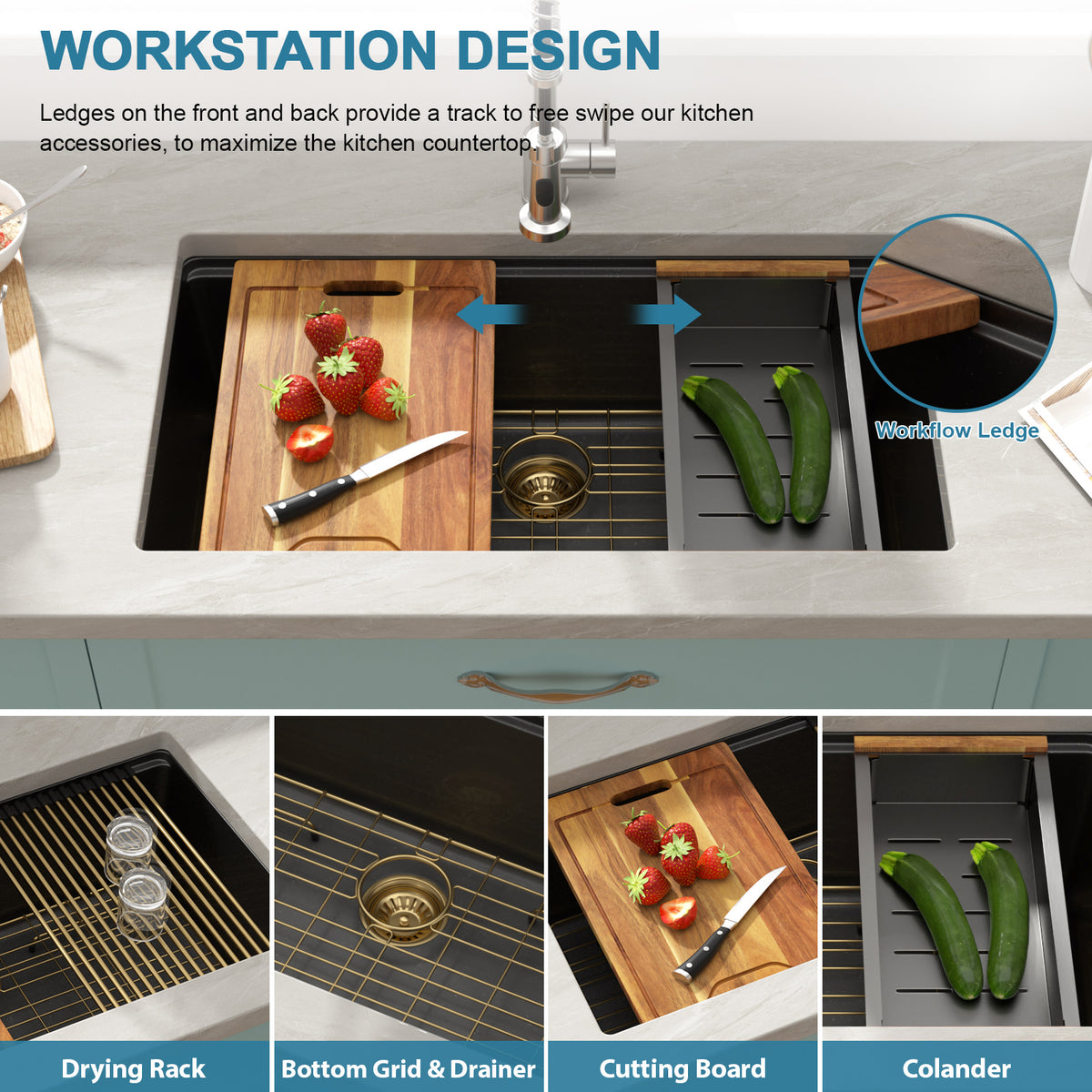 Sarlai 30in Black Quartz Composite Undermount Workstation Kitchen Sink
