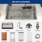 Sarlai 33'' x 22'' Stainless Steel Drop In Single Bowl Waterfall Workstation Kitchen Sink