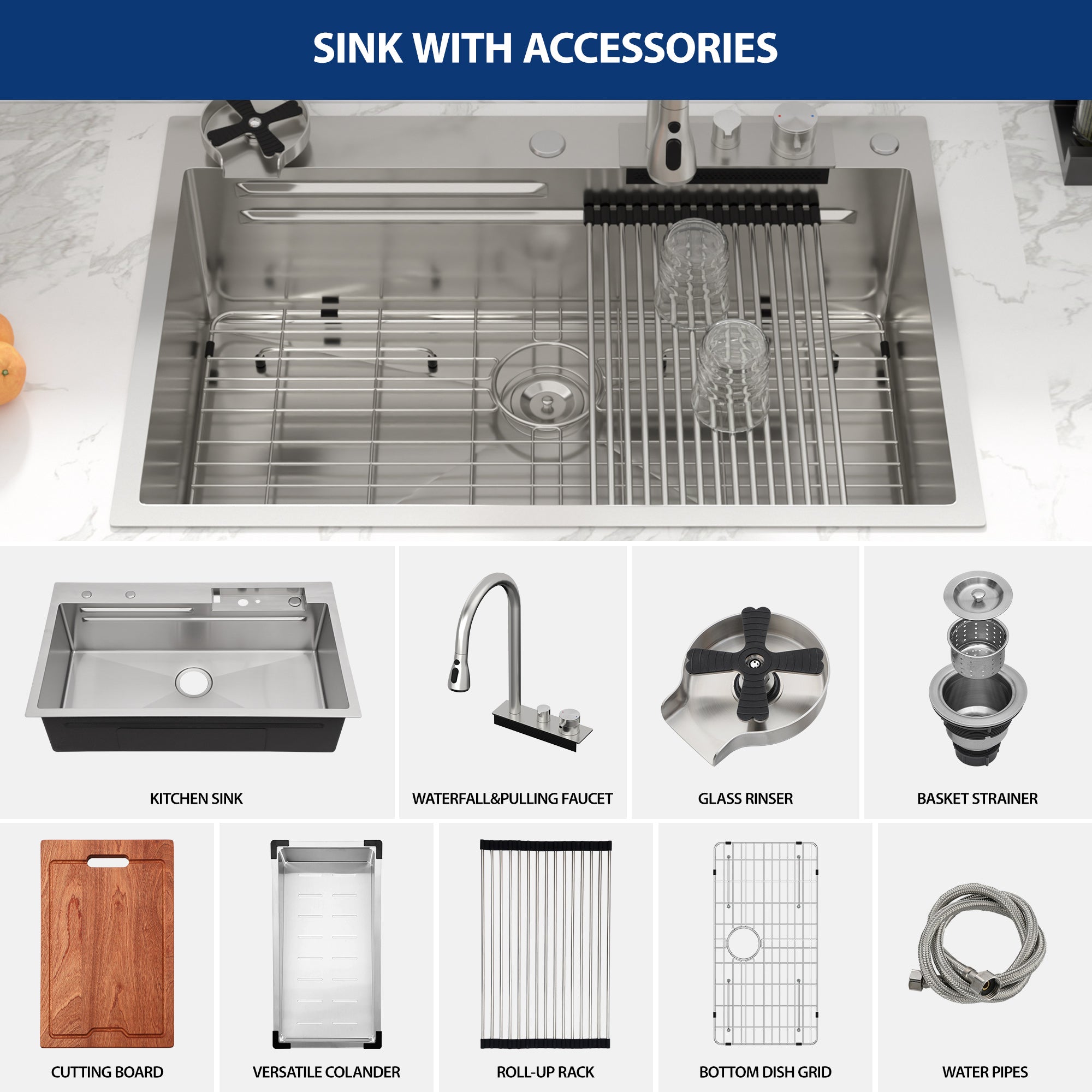 Sarlai 33'' x 22'' Stainless Steel Drop In Single Bowl Waterfall Workstation Kitchen Sink