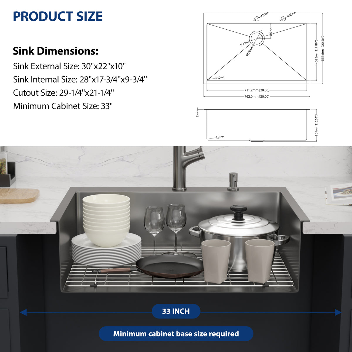 Sarlai 30''x22''Drop In Workstation Kitchen Sink 16 Gauge SUS304 Stainless Steel Single Bowl Topmount Sink with Pull Out Faucet & Soap Dispenser