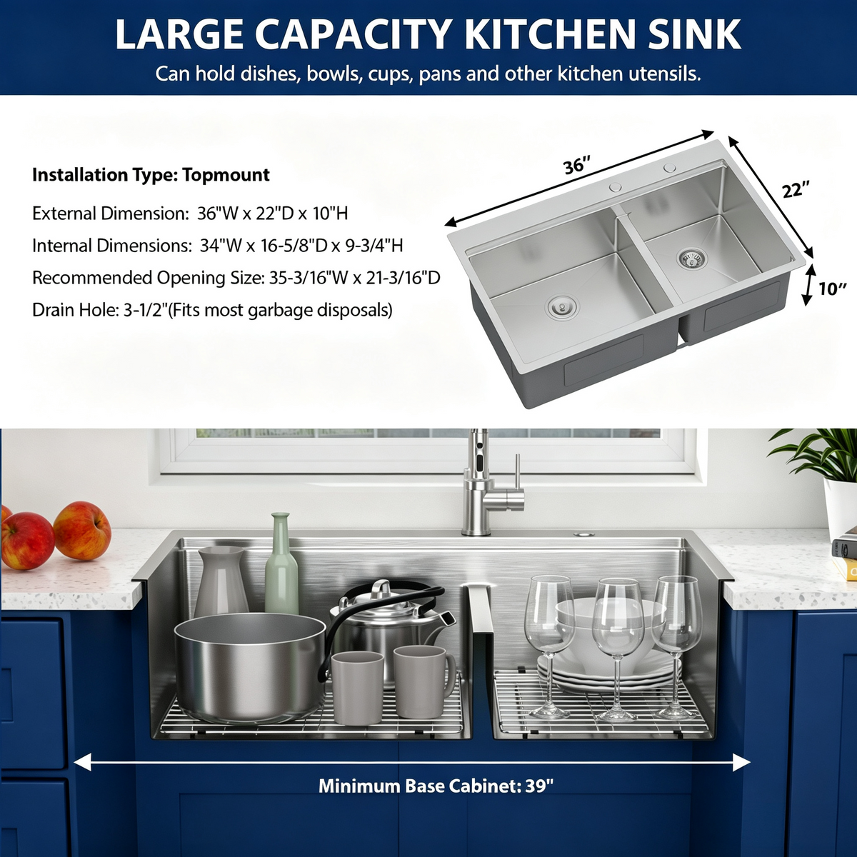 Sarlai 36in Drop In Double Bowl 60/40 Low Divide Stainless Steel Workstation Kitchen Sink