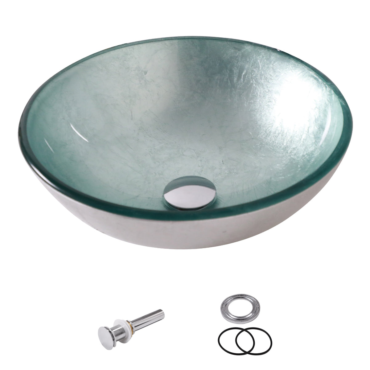 Sarlai 16 Inch Round Silver Foil Tempered Glass Vessel Sink Above Counter Bathroom Basin