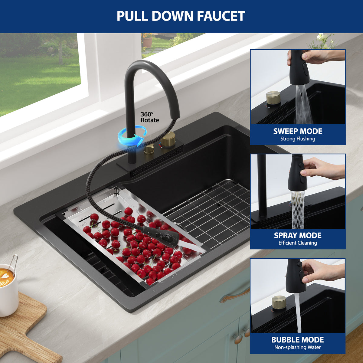 Sarlai 33in Black Quartz Composite Drop-In Waterfall Workstation Kitchen Sink Combo