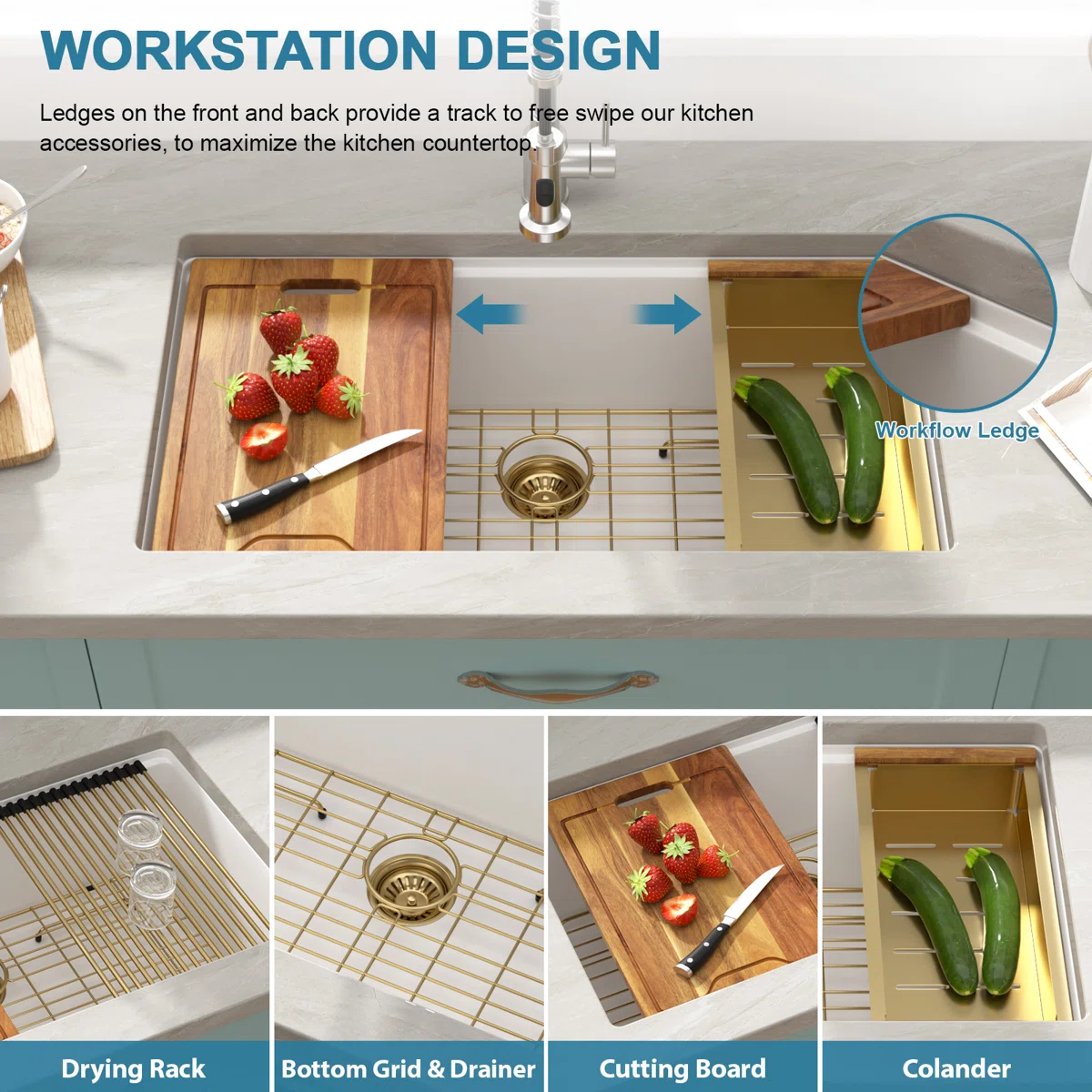 Sarlai 30in White Quartz Composite Undermount Workstation Kitchen Sink