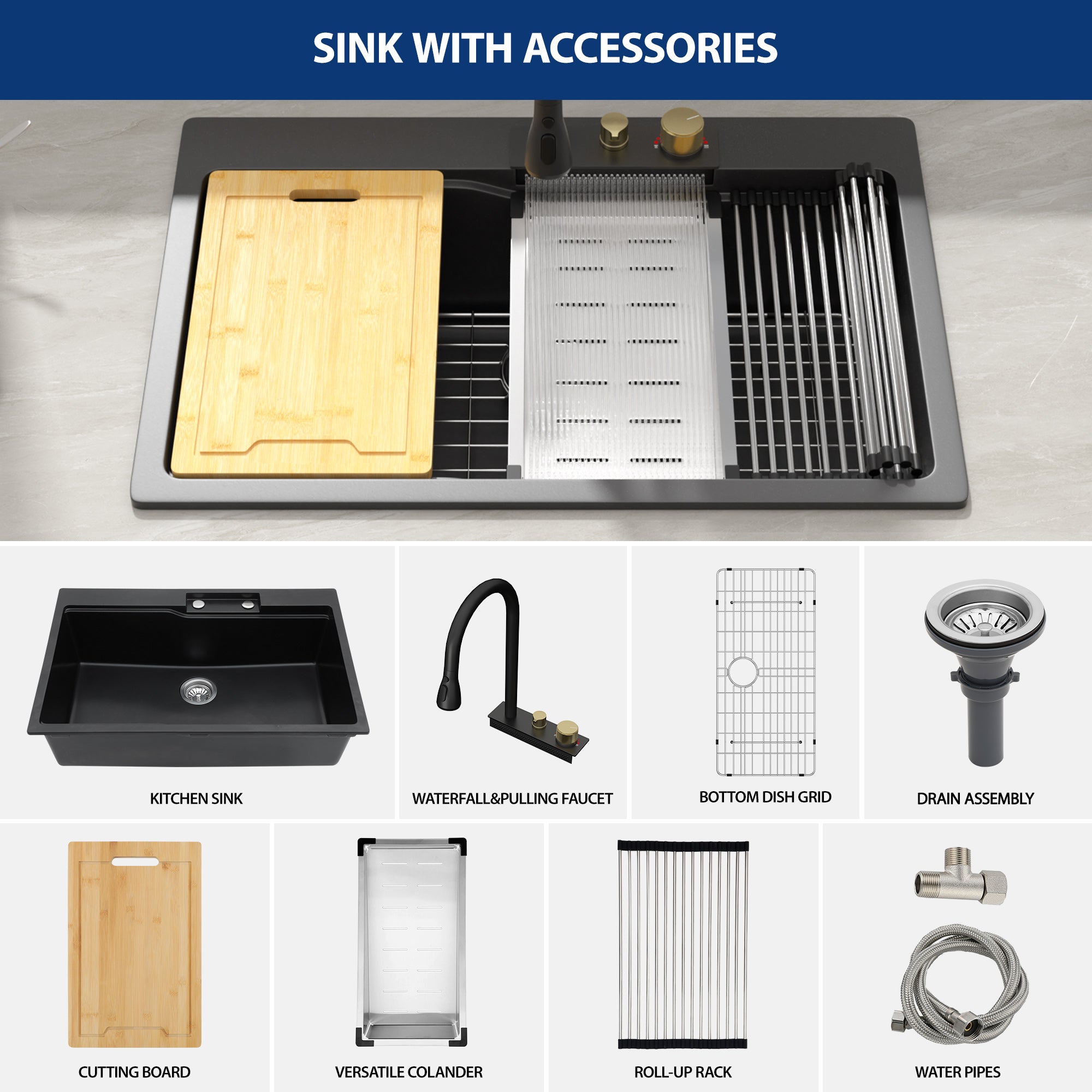 Sarlai 33in Black Quartz Composite Drop-In Waterfall Workstation Kitchen Sink Combo