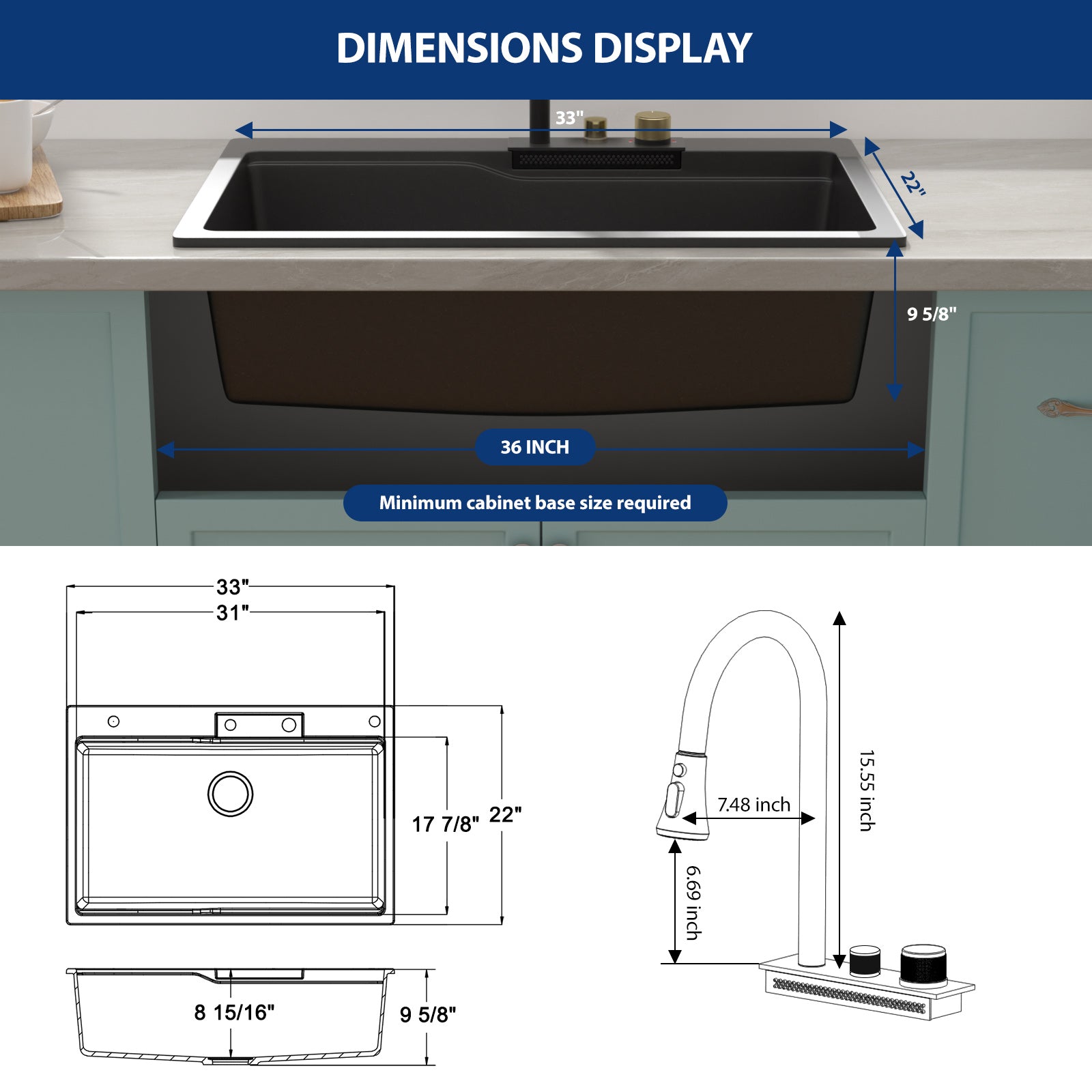 Sarlai 33in Black Quartz Composite Drop-In Waterfall Workstation Kitchen Sink Combo