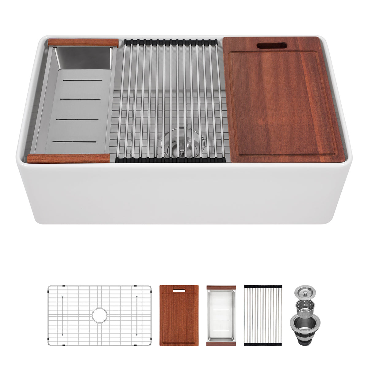 Sarlai 33 White Farmhouse Kitchen Sink - 33 x 20 Inch Farm Kitchen Sink Ledge Workstation White Ceramic Porcelain Fireclay Farmer Sinks Single Bowl Basin