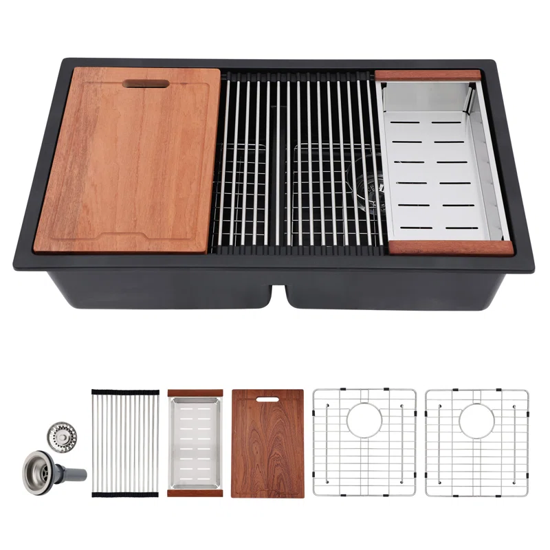 Sarlai 33in Black Quartz Composite Undermount 50/50 Double Bowl Workstation Kitchen Sink