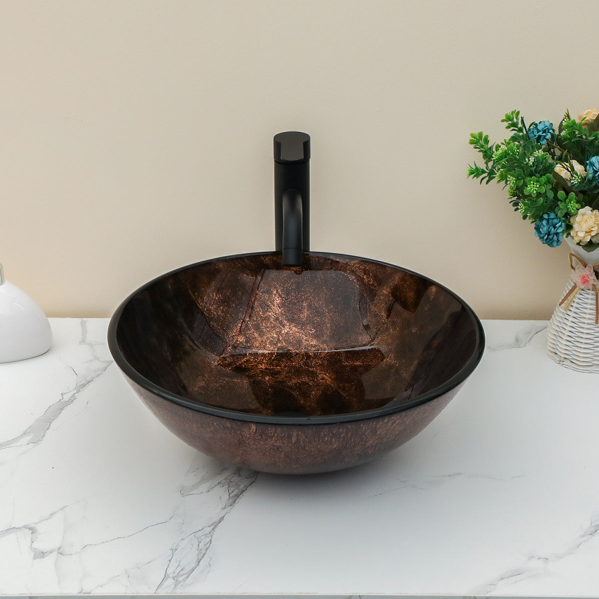 Sarlai 16.5''x16.5'' Round Brown Tempered Glass Vessel Sink Combo Black Faucet & Pop Up Drain
