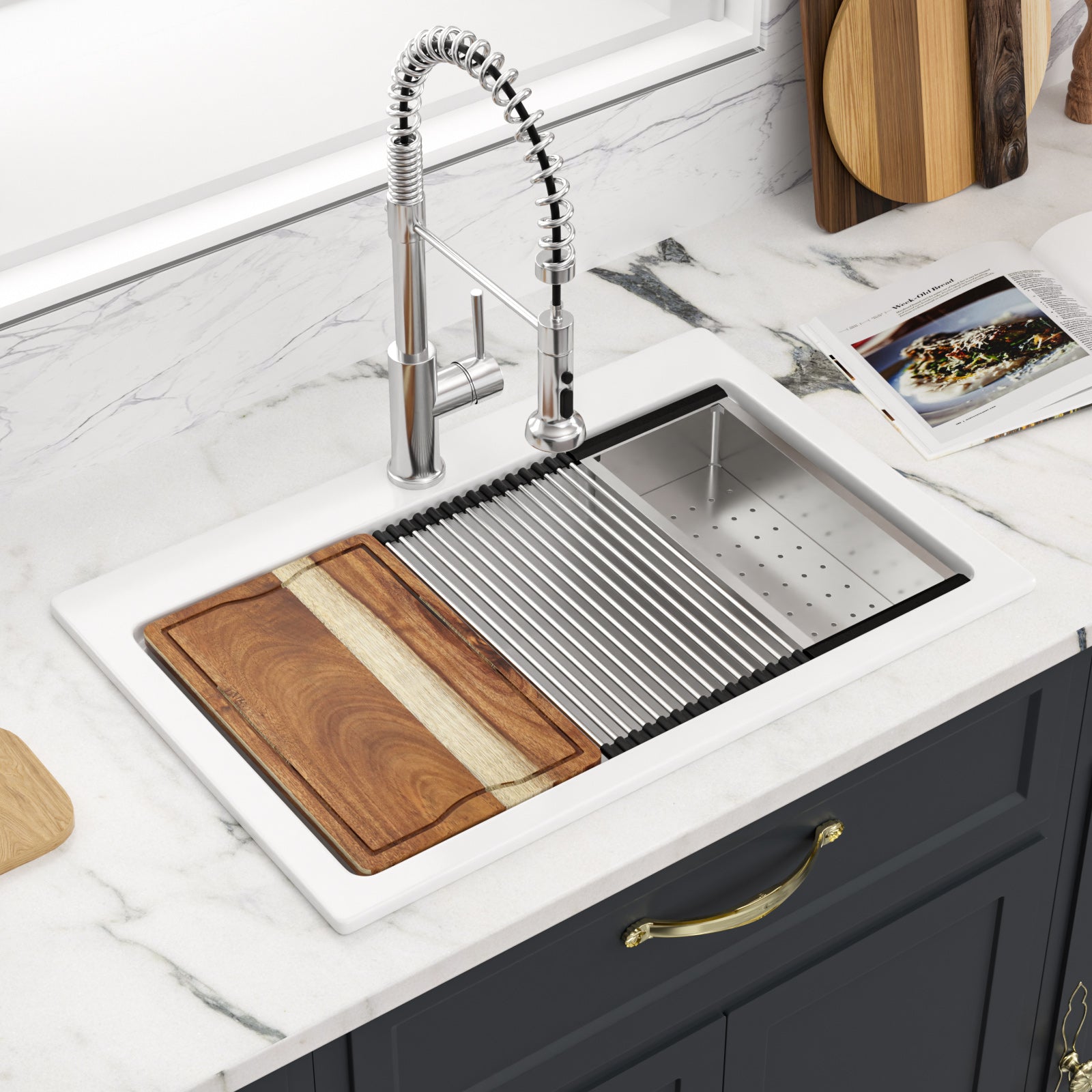 Sarlai 33'' White Ceramic Topmount Workstation Sink Brushed Accessories & Acacia Wood Cutting Board Secondary image